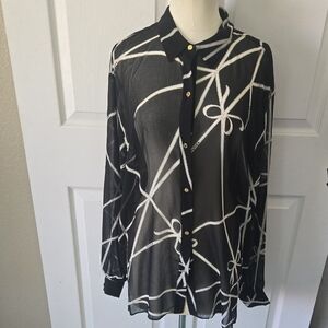 Juicy Couture Black and White Bow Pattern Sheer Shirt XLarge